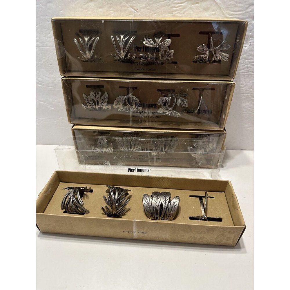 16 Pier One Metal Silver Napkin Rings Holders Boho Leaves Branches  Dinner Party